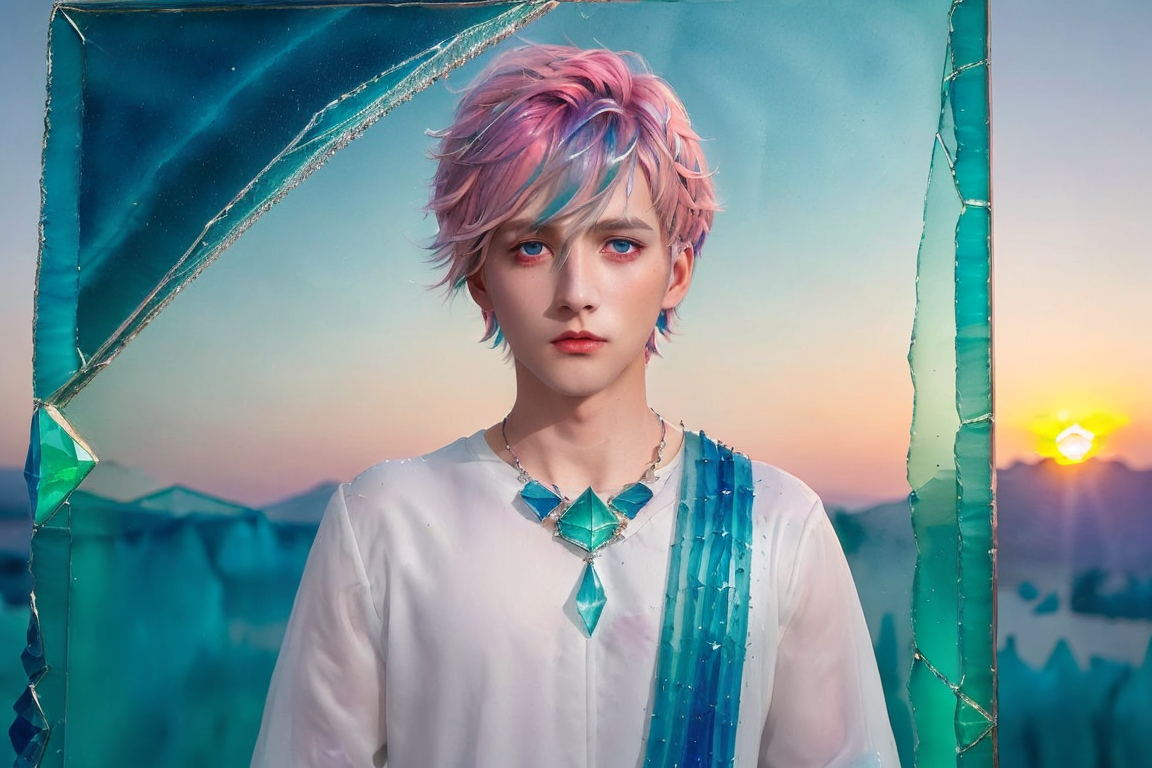 00946-2532936421-_lora_handsome_0.7_ solo, blue eyes, short hair, looking at viewer, upper body, (1boy_1.1), pink hair,cup, sunset,multicolored h.png